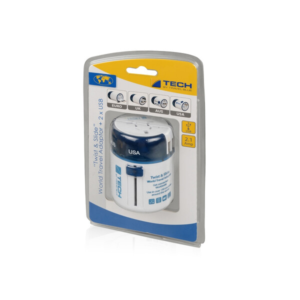 Адаптер с 2-умя USB-портами для зарядки Travel Blue Twist &amp;amp; Slide Adaptor голубой/белый